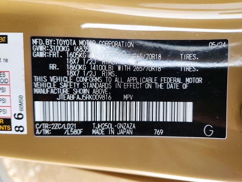Aukcja sprzedaży 2024 Toyota Land Cruiser, vin: JTEABFAJ5RK009816, numer aukcji: 54528046