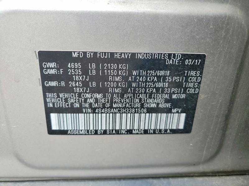 2017 Subaru Outback მანქანა იყიდება აუქციონზე, vin: 4S4BSANC3H3381506, აუქციონის ნომერი: 54328346
