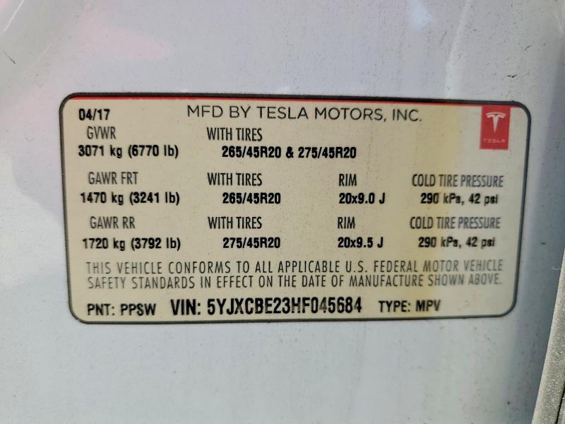 55145466 :رقم المزاد ، 5YJXCBE23HF045684 vin ، 2017 Tesla Model X مزاد بيع