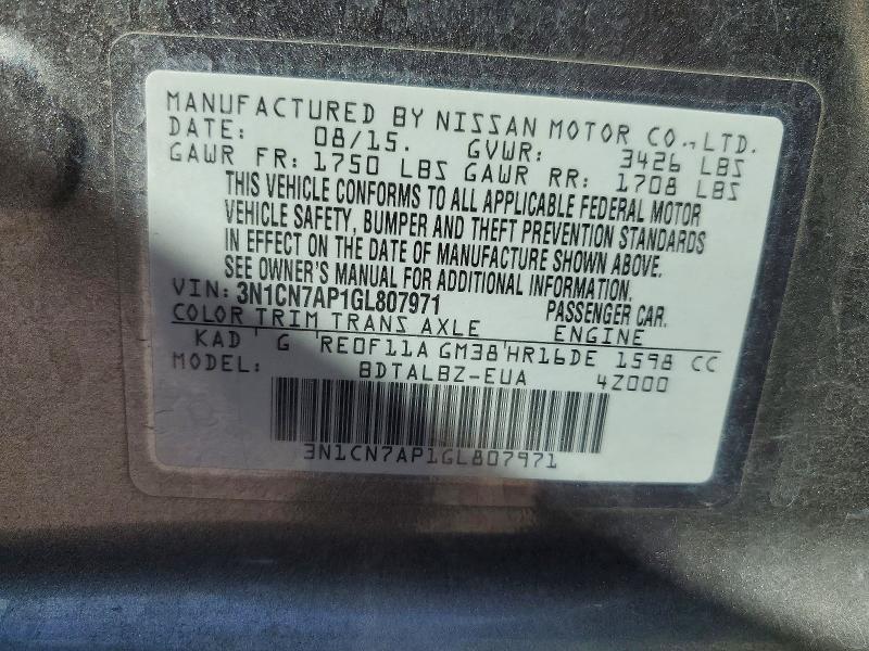 Aukcja sprzedaży 2016 Nissan Versa, vin: 3N1CN7AP1GL807971, numer aukcji: 54206246