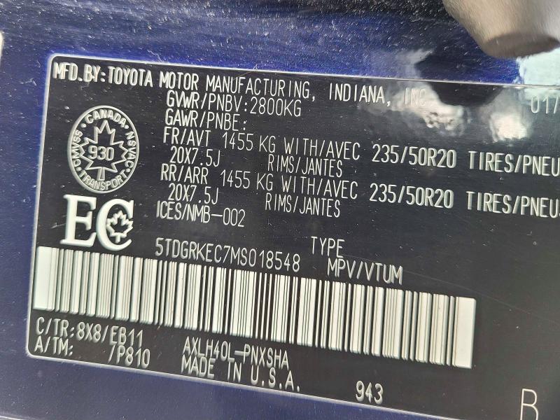 2021 Toyota Sienna მანქანა იყიდება აუქციონზე, vin: 5TDGRKEC7MS018548, აუქციონის ნომერი: 53567756