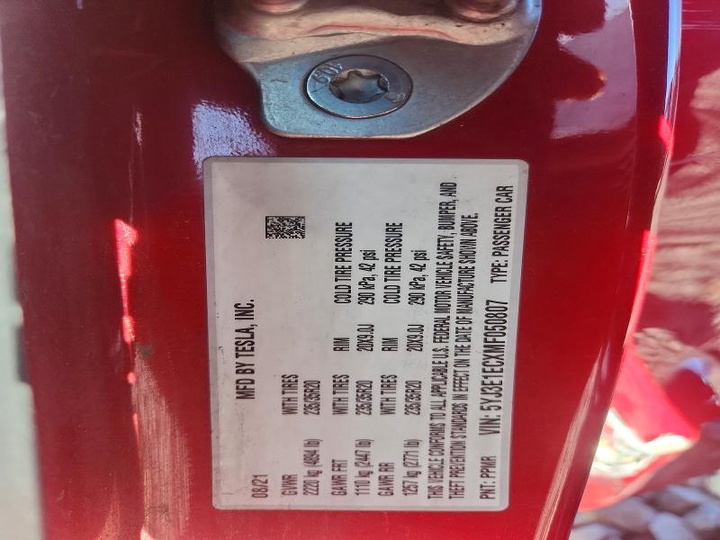 53061746 :رقم المزاد ، 5YJ3E1ECXMF050807 vin ، 2021 Tesla Model 3 مزاد بيع