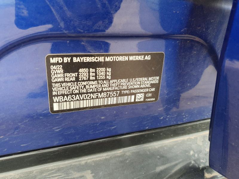 53929386 :رقم المزاد ، WBA63AV02NFM87557 vin ، 2022 Bmw 430i مزاد بيع