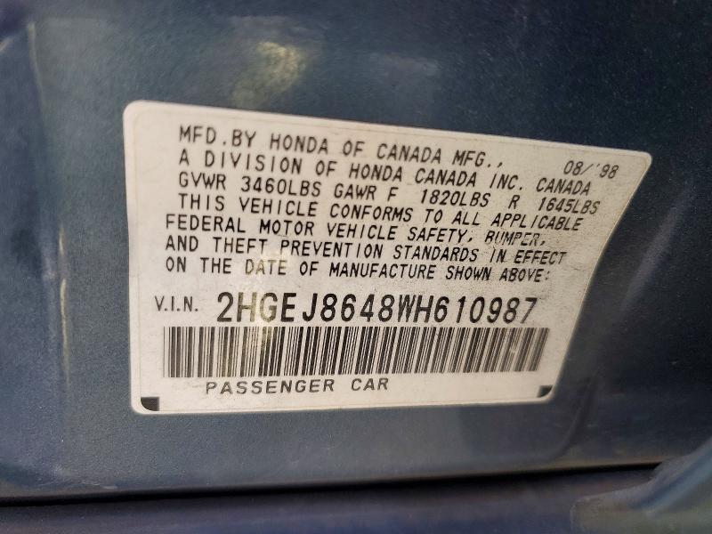 53174996 :رقم المزاد ، 2HGEJ8648WH610987 vin ، 1998 Honda Civic مزاد بيع