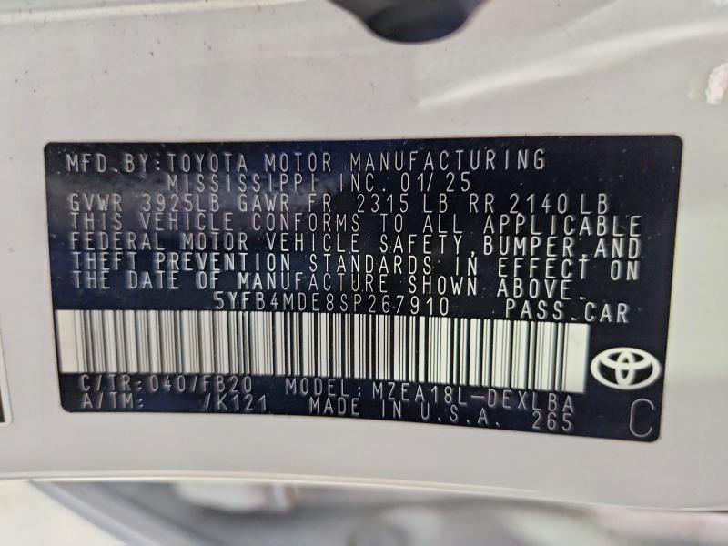 Aukcja sprzedaży 2025 Toyota Corolla, vin: 5YFB4MDE8SP267910, numer aukcji: 52144966