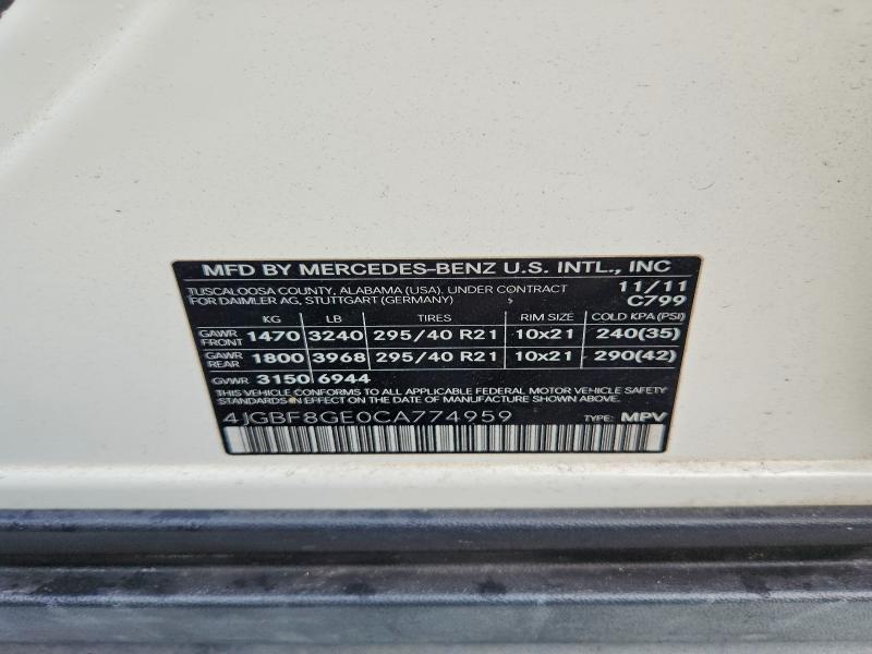 52454946 :رقم المزاد ، 4JGBF8GE0CA774959 vin ، 2012 Mercedes-benz Gl مزاد بيع