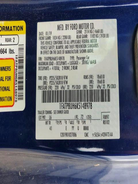 2019 Ford Mustang მანქანა იყიდება აუქციონზე, vin: 1FATP8UH6K5148978, აუქციონის ნომერი: 54848456