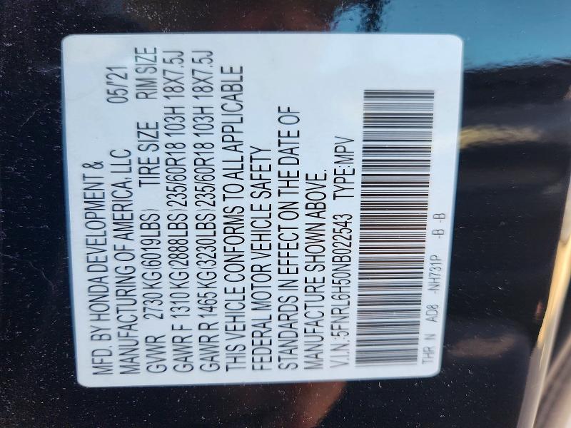 54502686 :رقم المزاد ، 5FNRL6H50NB022543 vin ، 2022 Honda Odyssey مزاد بيع