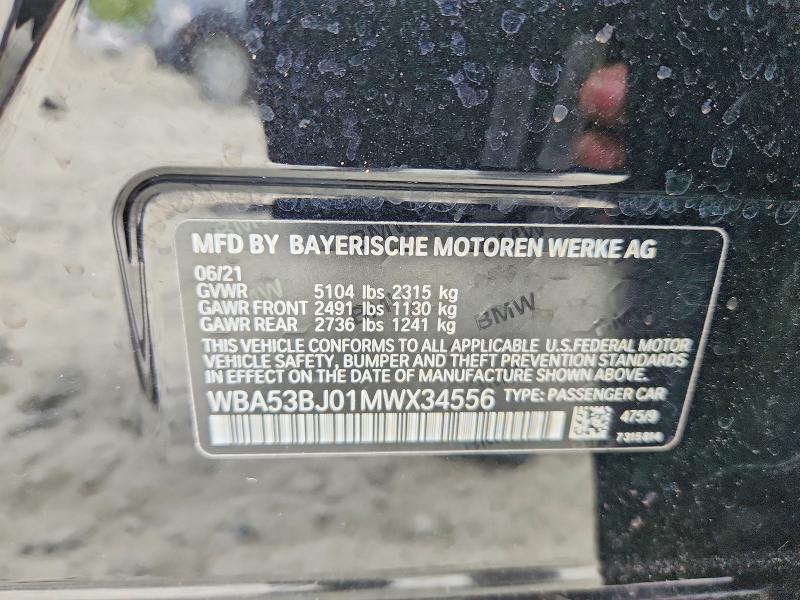 2021 Bmw 540 მანქანა იყიდება აუქციონზე, vin: WBA53BJ01MWX34556, აუქციონის ნომერი: 53404406