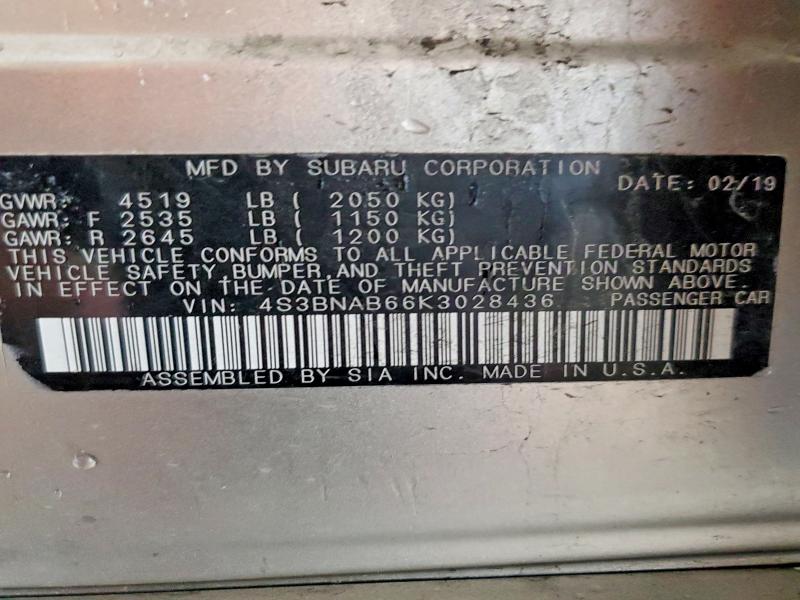 Aukcja sprzedaży 2019 Subaru Legacy, vin: 4S3BNAB66K3028436, numer aukcji: 54094676