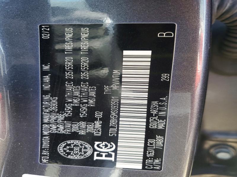 Aukcja sprzedaży 2021 Toyota Highlander, vin: 5TDLZRBH5MS093501, numer aukcji: 51539076