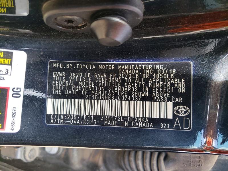 2018 Toyota Corolla მანქანა იყიდება აუქციონზე, vin: 2T1BURHE6JC074337, აუქციონის ნომერი: 54947316