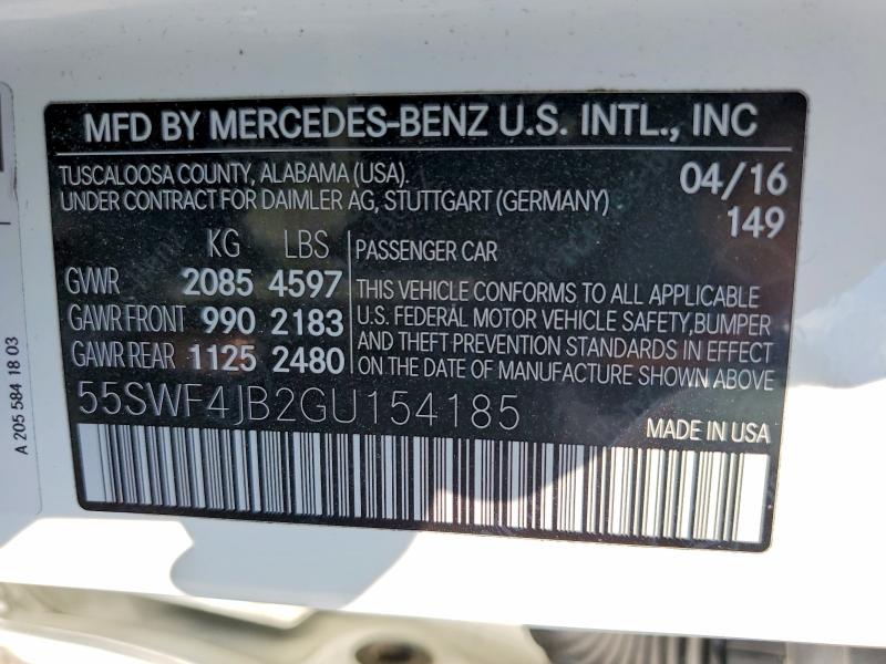 54684616 :رقم المزاد ، 55SWF4JB2GU154185 vin ، 2016 Mercedes-benz C مزاد بيع