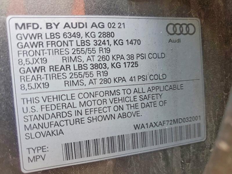 53609676 :رقم المزاد ، WA1AXAF72MD032001 vin ، 2021 Audi Q7 مزاد بيع