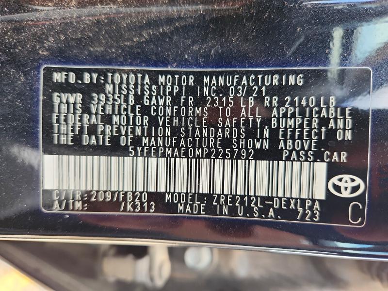 Продажа на аукционе авто 2021 Toyota Corolla, vin: 5YFEPMAE0MP225792, номер лота: 52426686