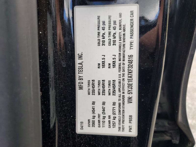 2019 Tesla Model 3 მანქანა იყიდება აუქციონზე, vin: 5YJ3E1EA7KF324816, აუქციონის ნომერი: 53635246