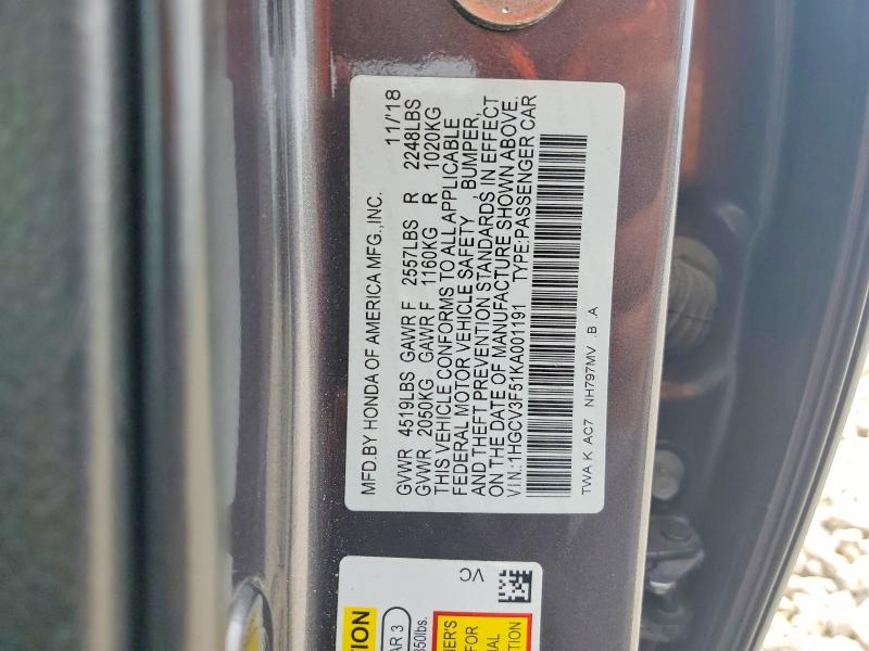 Продаж на аукціоні авто 2019 Honda Accord, vin: 1HGCV3F51KA001191, номер лоту: 54193746