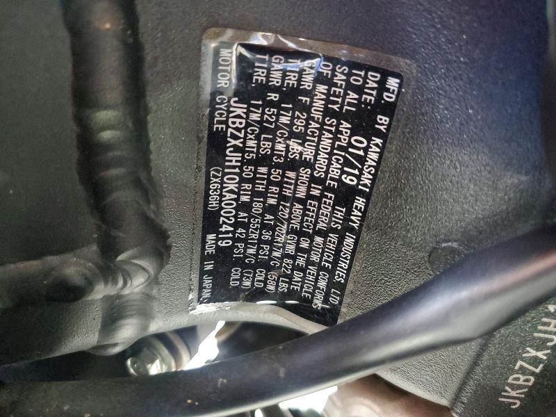 2019 Kawasaki Zx636 მანქანა იყიდება აუქციონზე, vin: JKBZXJH10KA002419, აუქციონის ნომერი: 53433156