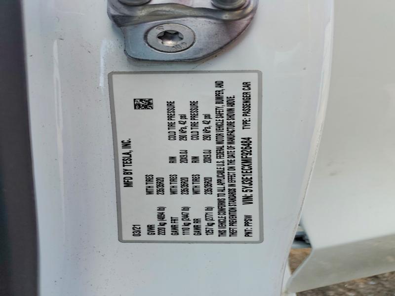 2021 Tesla Model 3 მანქანა იყიდება აუქციონზე, vin: 5YJ3E1ECXMF926484, აუქციონის ნომერი: 53650476