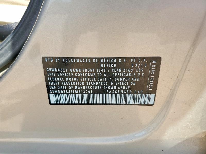2015 Volkswagen Jetta მანქანა იყიდება აუქციონზე, vin: 3VWD07AJ5FM313761, აუქციონის ნომერი: 54687966