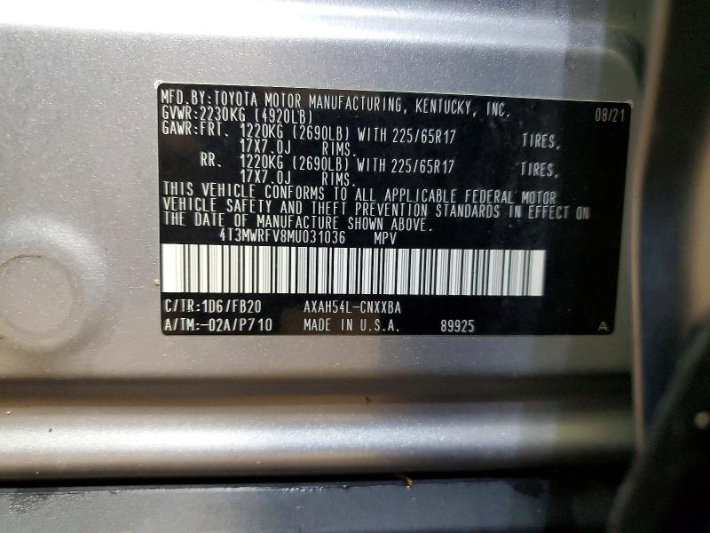 Aukcja sprzedaży 2021 Toyota Rav4, vin: 4T3MWRFV8MU031036, numer aukcji: 52712016