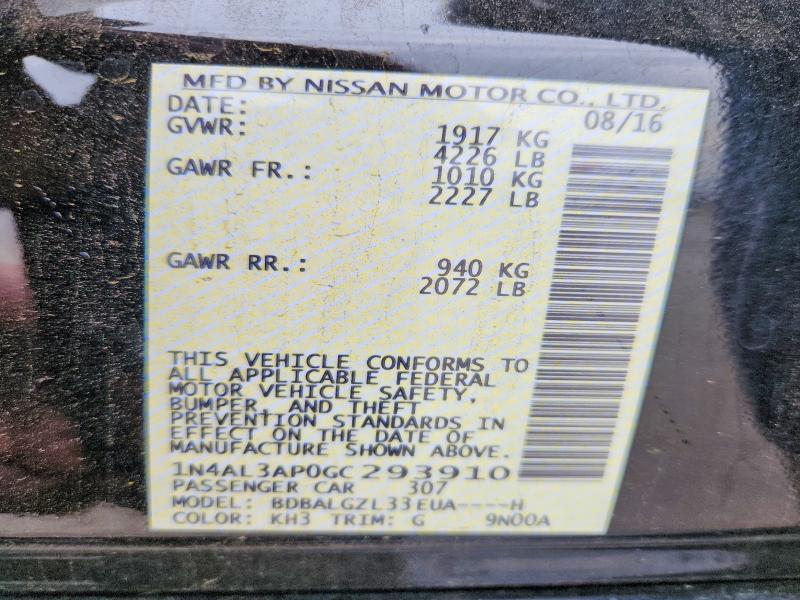 2016 Nissan Altima მანქანა იყიდება აუქციონზე, vin: 1N4AL3AP0GC293910, აუქციონის ნომერი: 52661706