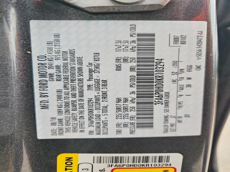 54625506 :رقم المزاد ، 3FA6P0HD0KR103294 vin ، 2019 Ford Fusion مزاد بيع