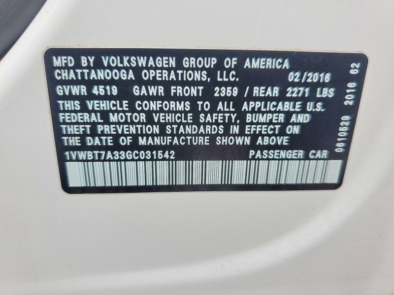 Aukcja sprzedaży 2016 Volkswagen Passat, vin: 1VWBT7A33GC031542, numer aukcji: 52767996