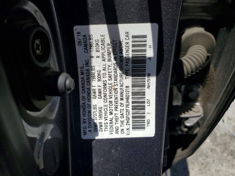 2018 Honda Civic მანქანა იყიდება აუქციონზე, vin: 2HGFC2F76JH601218, აუქციონის ნომერი: 53260846