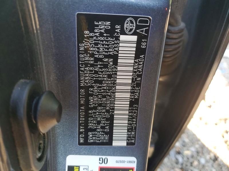 Продаж на аукціоні авто 2019 Toyota Corolla, vin: 2T1BURHE0KC200192, номер лоту: 52128896