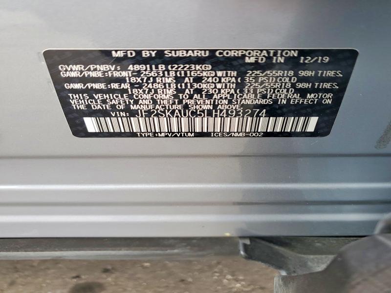 53013926 :رقم المزاد ، JF2SKAUC5LH493274 vin ، 2020 Subaru Forester مزاد بيع