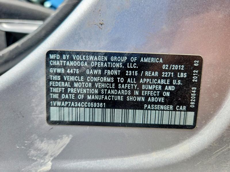 Aukcja sprzedaży 2012 Volkswagen Passat, vin: 1VWAP7A34CC059361, numer aukcji: 55315116