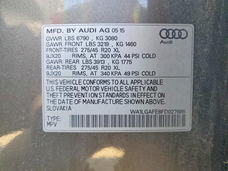 51875506 :رقم المزاد ، WA1LGAFE8FD027685 vin ، 2015 Audi Q7 مزاد بيع