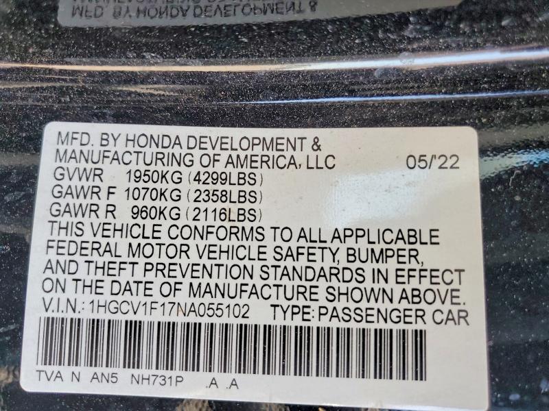 Продажа на аукционе авто 2022 Honda Accord, vin: 1HGCV1F17NA055102, номер лота: 54140956