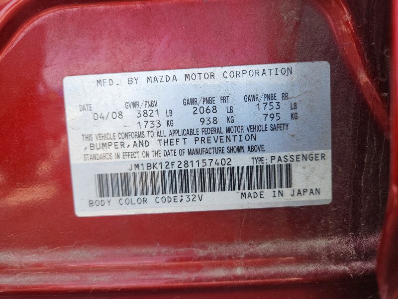 53118836 :رقم المزاد ، JM1BK12F281157402 vin ، 2008 Mazda 3 مزاد بيع