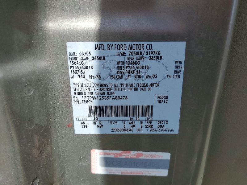 2005 Ford F150 მანქანა იყიდება აუქციონზე, vin: 1FTPW12535FA88476, აუქციონის ნომერი: 55385296