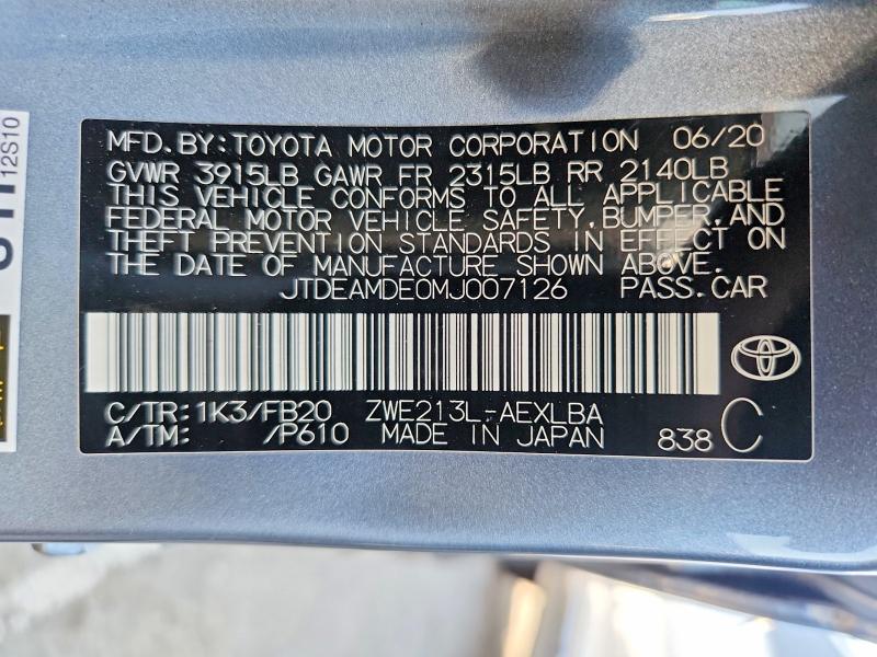 54279736 :رقم المزاد ، JTDEAMDE0MJ007126 vin ، 2021 Toyota Corolla مزاد بيع