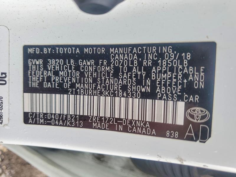 Продаж на аукціоні авто 2019 Toyota Corolla, vin: 2T1BURHE3KC184330, номер лоту: 52963626