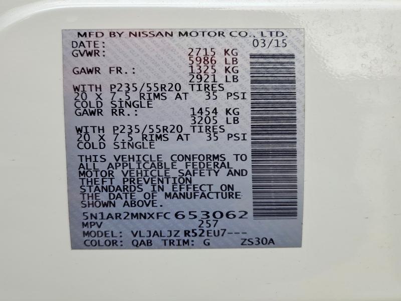 Продажа на аукционе авто 2015 Nissan Pathfinder, vin: 5N1AR2MNXFC653062, номер лота: 52931816