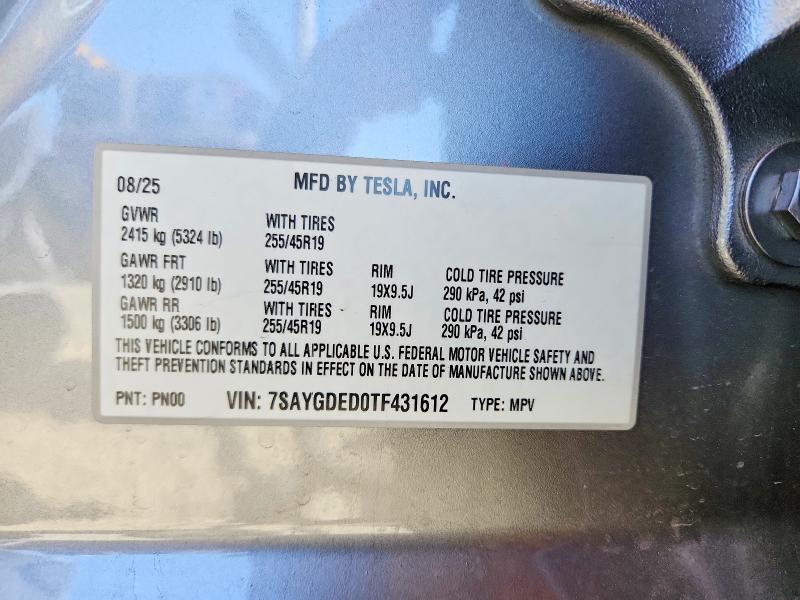 Aukcja sprzedaży 2026 Tesla Model Y, vin: 7SAYGDED0TF431612, numer aukcji: 52723406