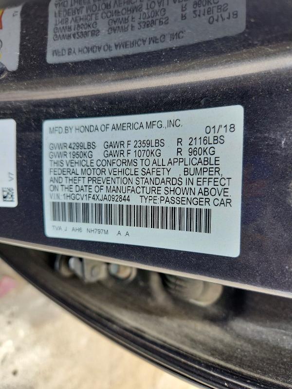 55192366 :رقم المزاد ، 1HGCV1F4XJA092844 vin ، 2018 Honda Accord مزاد بيع