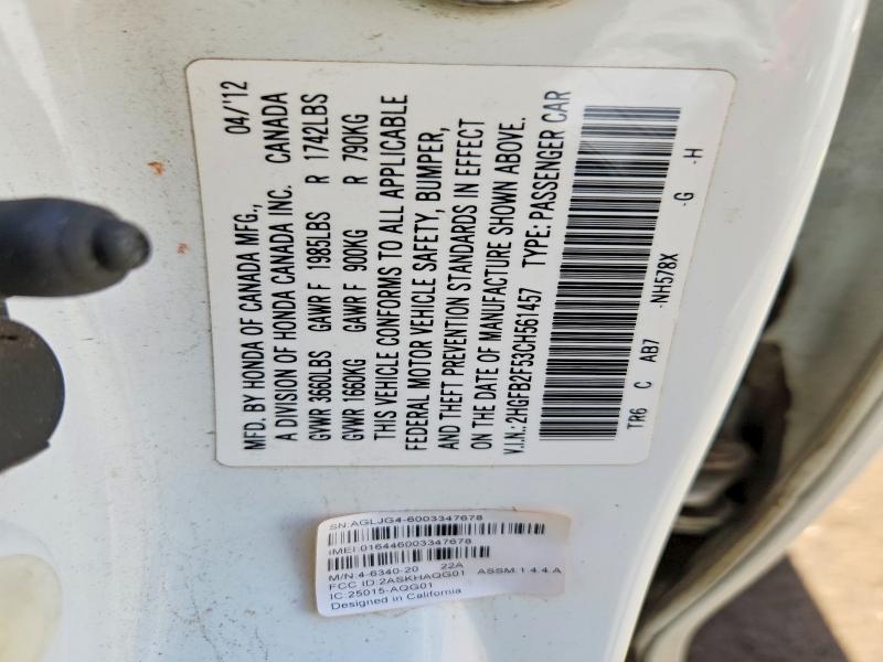 54286866 :رقم المزاد ، 2HGFB2F53CH561457 vin ، 2012 Honda Civic مزاد بيع