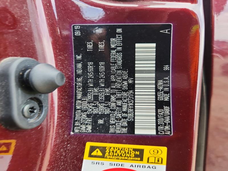 2019 Toyota Highlander მანქანა იყიდება აუქციონზე, vin: 5TDBZRFH1KS731794, აუქციონის ნომერი: 53613226
