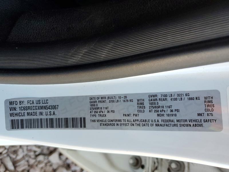 51467706 :رقم المزاد ، 1C6SRECGXMN543067 vin ، 2021 Ram 1500 مزاد بيع