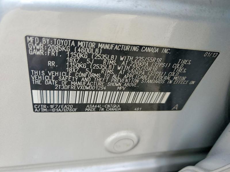 2013 Toyota Rav4 მანქანა იყიდება აუქციონზე, vin: 2T3DFREVXDW001294, აუქციონის ნომერი: 53807236