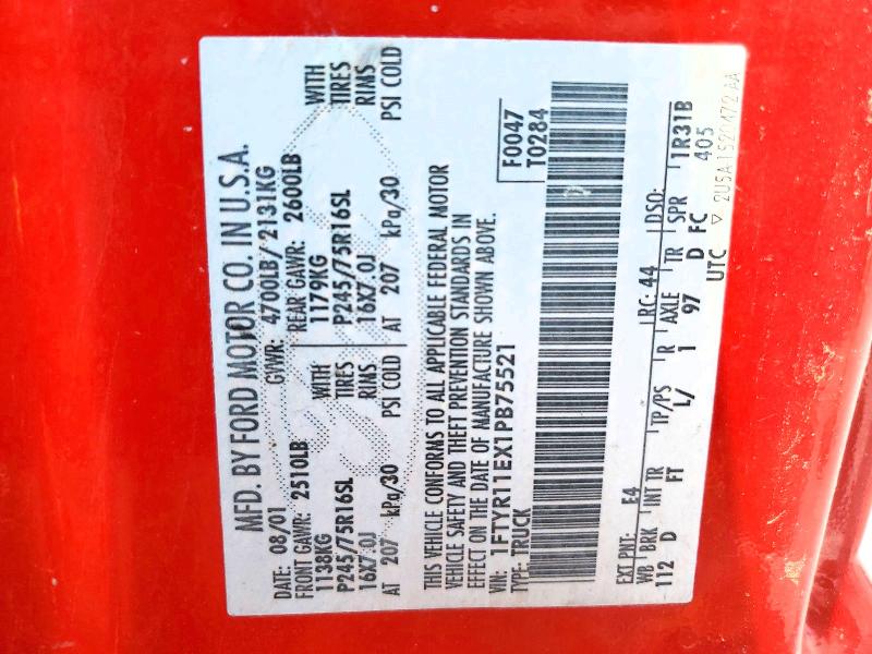 2001 Ford Ranger მანქანა იყიდება აუქციონზე, vin: 1FTYR11EX1PB75521, აუქციონის ნომერი: 53185626