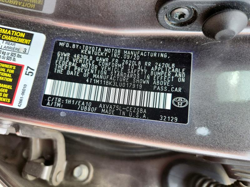 2020 Toyota Camry მანქანა იყიდება აუქციონზე, vin: 4T1M11BK3LU017919, აუქციონის ნომერი: 53513756