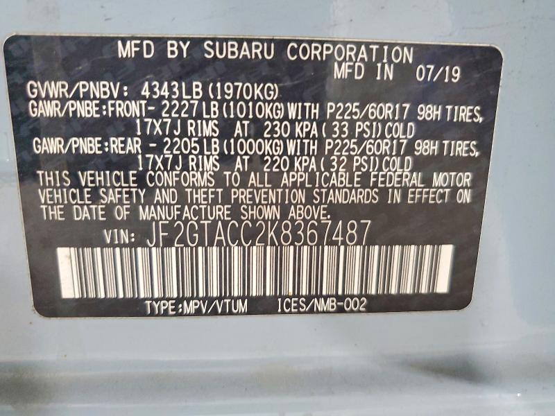 Продаж на аукціоні авто 2019 Subaru Crosstrek, vin: JF2GTACC2K8367487, номер лоту: 54473336