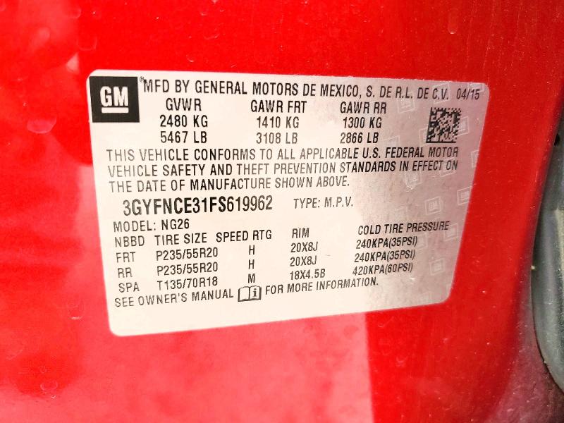 51780416 :رقم المزاد ، 3GYFNCE31FS619962 vin ، 2015 Cadillac Srx مزاد بيع