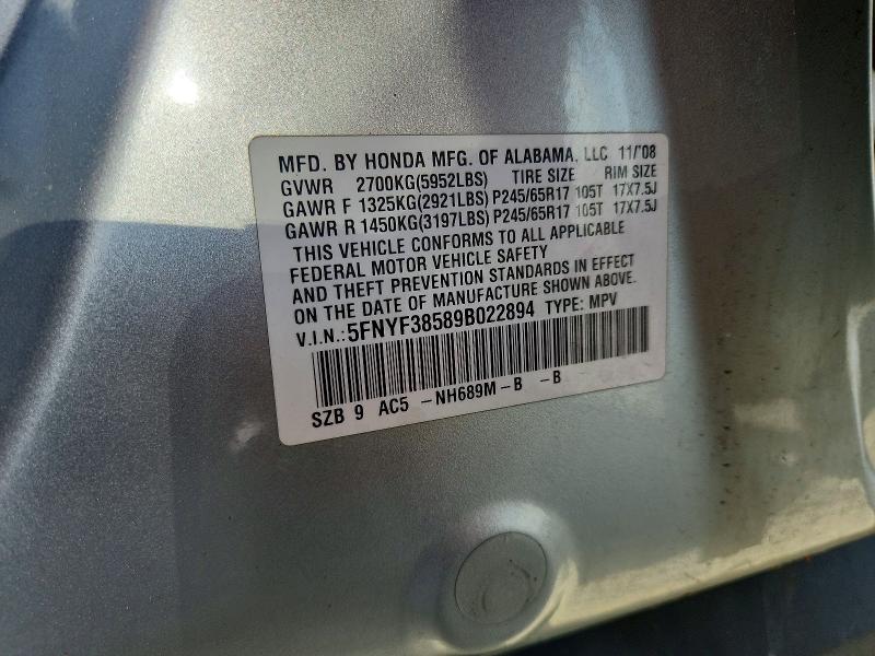 2009 Honda Pilot მანქანა იყიდება აუქციონზე, vin: 5FNYF38589B022894, აუქციონის ნომერი: 53830426